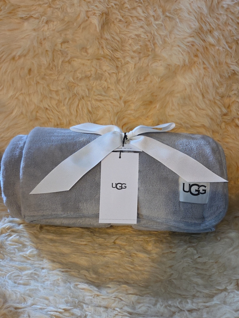 UGG Light Grey Plush Throw Blanket with Ribbon